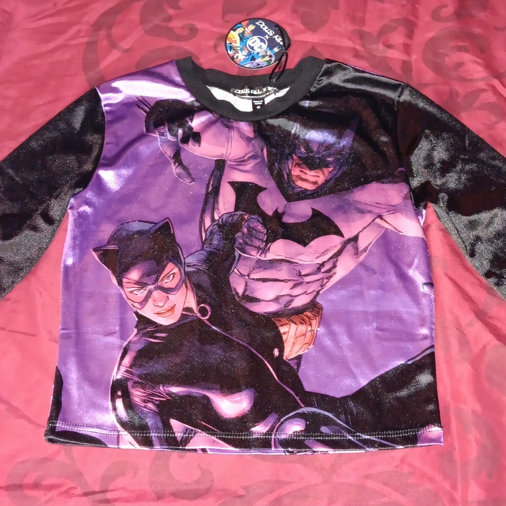 Dolls Kill × DC Comics Batman & Cat Woman Satin Long Sleeve Crop Top (S)